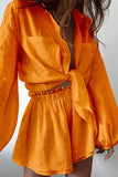 Girlfairy 2024 Fashion Woman Elegant SetPocketed Solid Color Shirt Ruffle Waist Shorts Suits