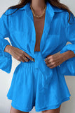 Girlfairy 2024 Fashion Woman Elegant SetPocketed Solid Color Shirt Ruffle Waist Shorts Suits