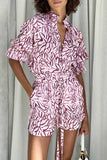 Girlfairy 2024 Fashion Woman Elegant SetPrinted Puff Sleeve Shirt Drawstring Shorts Suits