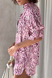 Girlfairy 2024 Fashion Woman Elegant SetPrinted Puff Sleeve Shirt Drawstring Shorts Suits