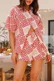 Girlfairy 2024 Fashion Woman Elegant SetPrinted Lapel Shirt Drawstring Shorts Set