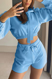 Girlfairy 2024 Fashion Woman Elegant SetPuff Sleeve Hoodie Crop Top Shorts Set