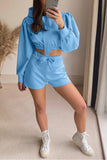 Girlfairy 2024 Fashion Woman Elegant SetPuff Sleeve Hoodie Crop Top Shorts Set