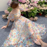 Girlfairy Aiertu Women's Summer Floral Dress Spaghetti Strap Dress Backless Puff Sleeves Sweet A-line Off Shoulder Midi Dress Holiday