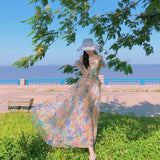 Girlfairy Women Summer Fairy Skirt French First Love Bubble Sleeve Sweet Gauze Strap Beach Skirt Floral Design Elegant Midi Dresses Beach