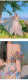Girlfairy Women Summer Fairy Skirt French First Love Bubble Sleeve Sweet Gauze Strap Beach Skirt Floral Design Elegant Midi Dresses Beach
