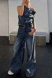 Girlfairy 2024 Fashion Woman Elegant SetSlop Shoulder Irregular Tank Top High Rise Denim Jeans Suits