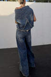 Girlfairy 2024 Fashion Woman Elegant SetSlop Shoulder Irregular Tank Top High Rise Denim Jeans Suits