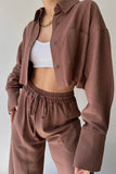 Girlfairy 2024 Fashion Woman Elegant SetSolid Long Sleeve Shirt Crop Top Long Pants Suits