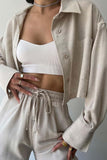 Girlfairy 2024 Fashion Woman Elegant SetSolid Long Sleeve Shirt Crop Top Long Pants Suits