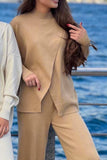 Girlfairy 2024 Fashion Woman Elegant SetSolid Long Sleeve Slit Sweater Long Pants Set