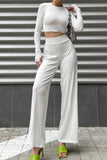 Girlfairy 2024 Fashion Woman Elegant SetSolid Ribbed Crop Top Wide Leg Long Pants Suits