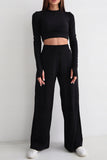 Girlfairy 2024 Fashion Woman Elegant SetSolid Ribbed Crop Top Wide Leg Long Pants Suits