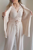 Girlfairy 2024 Fashion Woman Elegant SetSolid Shirt Drawstring Crop Top Three-piece Long Pants Set