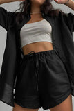 Girlfairy 2024 Fashion Woman Elegant SetSolid Short Sleeve Shirt Drawstring Shorts Suits