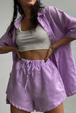 Girlfairy 2024 Fashion Woman Elegant SetSolid Short Sleeve Shirt Drawstring Shorts Suits