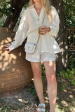 Girlfairy 2024 Fashion Woman Elegant SetSolid Color V Neck Shirt Drawstring Shorts Set