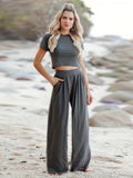 Girlfairy - Casual Matching Two-piece Set, Short Sleeve T-shirt & Wide Leg Pants Outfits, Women's Clothing