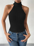 Girlfairy Ribbed Turtleneck Tank Top, Casual Solid Sleeveless Top, Women's Clothing