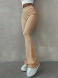 Girlfairy - Solid Ribbed Flare Leg Pants, High Waist Slim Elastic Pants, Women's Clothing