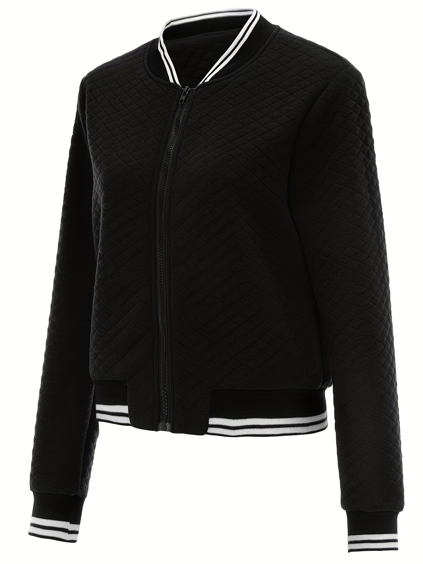 Girlfairy Contrast Trim Zipper Bomber Jacket, Casual Long Sleeve Varsity Jacket For Spring & Fall, Women's Clothing