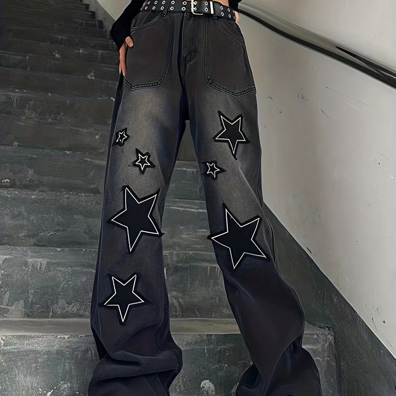 Girlfairy - Star Patch Baggy Loose Boyfriend Jeans, Dark Wash Zipper Button Closure Slash Pocket Wide Leg Denim Pants, Street Y2k Style, Women's Denim Jeans & Clothing