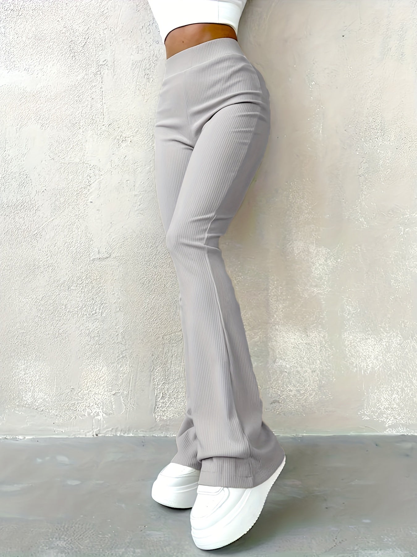 Girlfairy - Solid Ribbed Flare Leg Pants, High Waist Slim Elastic Pants, Women's Clothing