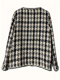 Girlfairy Plaid Pattern Jacket, Elegant Crew Neck Open Front Long Sleeve Outerwear, Women's Clothing