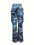 Girlfairy - High Waist Straight Camouflage Cargo Jeans, Camo Print Medium Stretch Side Flap Pocket High Rise Denim Pants, Women's Denim Jeans & Clothing
