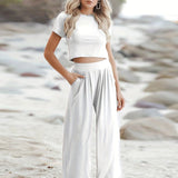Girlfairy - Casual Matching Two-piece Set, Short Sleeve T-shirt & Wide Leg Pants Outfits, Women's Clothing