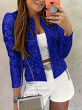 Girlfairy Sequined Solid Jacket, Casual Open Front Crew Neck Long Sleeve Outerwear, Women's Clothing