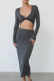 Girlfairy 2024 Fashion Woman Elegant SetSolid Long Sleeve Twisted-Front Skirt Set